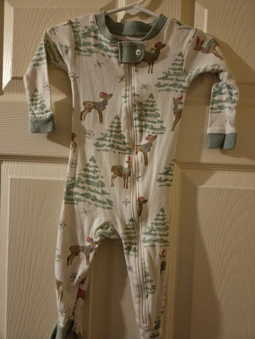 Cozy Cream Footed One-Piece with Green Trees & Deer